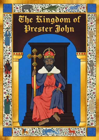 A figure in rich robes and a crown holding a staff sits seated on a throne. He is surrounded by gold trimmed marginalia borders with real and imagined people and creatures.