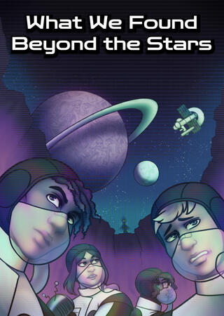 Several figures in light spacewear and clear gas masks look around nervously, one of the figures holds up some manner of device. Large, looming cliffs are behind them, with an unknown figure standing above. In the distance is a ringed planet and its moon,