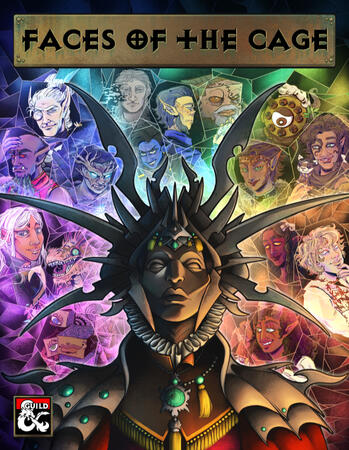 The Lady of Pain stares down at the viewer. Between the blades on her headpiece are several faces - the NPCs of the product.