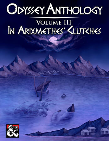 Arixmethes takes the form of an island, homes built upon its back. The moon hangs low in the sky, and a ship sits between Arixmethes' mouth and claws.