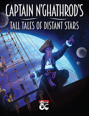 The illithid captain holds onto the rigging, pointing off the side of the ship. A semi-illuminated gas giant and several moons loom large behind him.